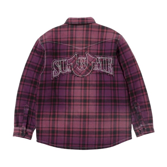SUPREME®/TRUE RELIGION® QUILTED LINED PLAID FLANNEL SHIRT PURPLE SIZE LARGE SS25 - Picture 4 of 7